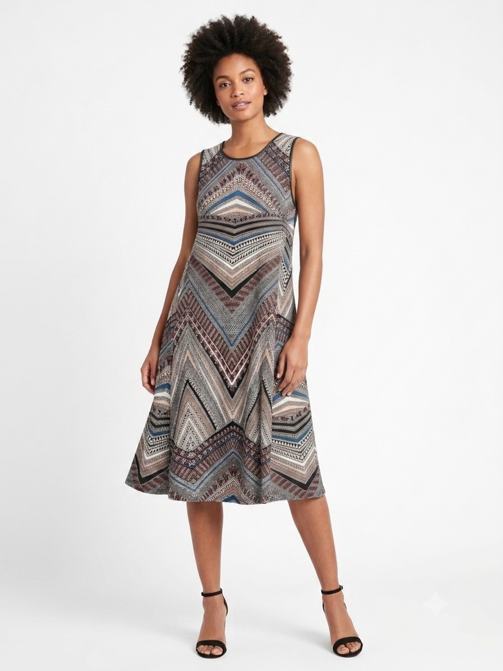 TART Geometric Aztec Print Dress XS Faux Leather Trim Modal Stretch Swing